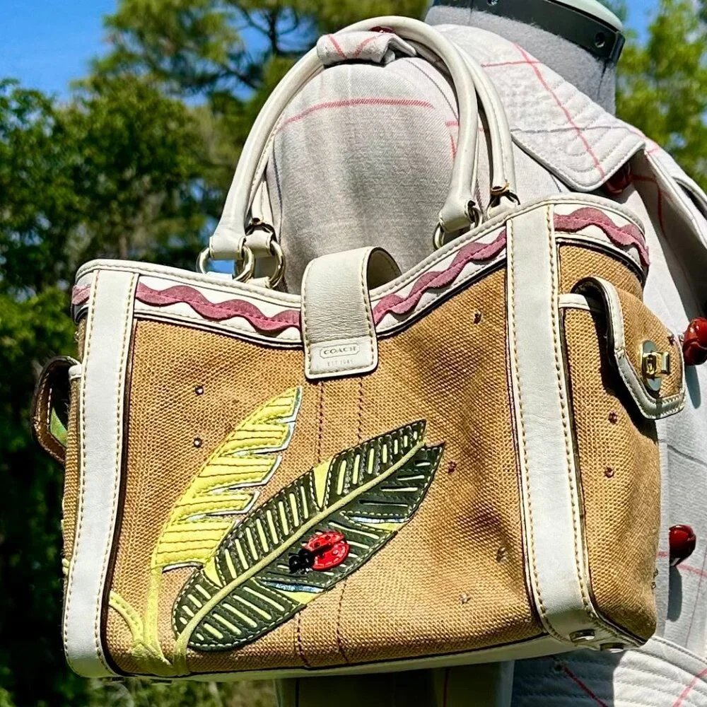 Coach Vintage Ladybug Applique Boxy Straw Tote Limited Edition 2004 Natural 4439